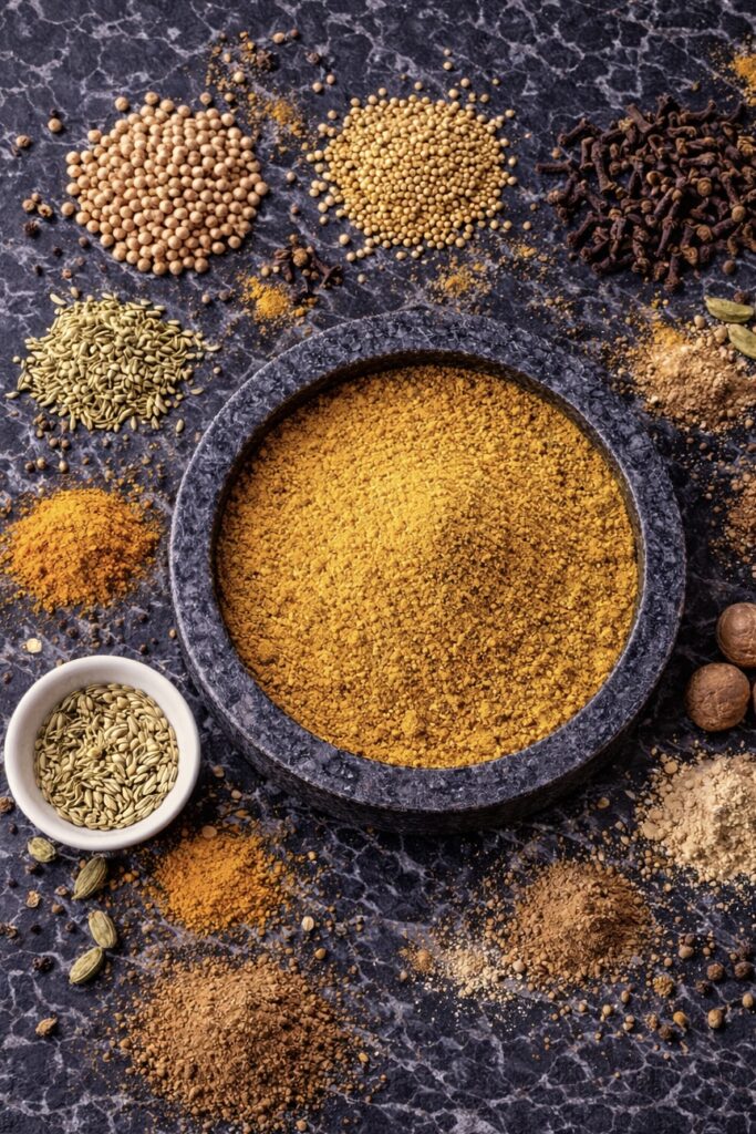 Currypulver, Koriandersamen, Gelbe Senfkörner, Fenchelsamen, Ganze Nelken, Kreuzkümmel, Kurkuma, Kardamom, Ingwer, Muskat, Curry Pulver